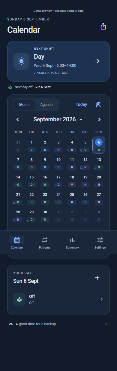 My Shift Calendar showing color-coded day, night, and off shifts in September